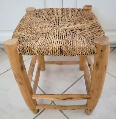 One 14.5 H Boho Beldi Moroccan Handmade Wood Stool With Doum Palm Leaves Seat • $20