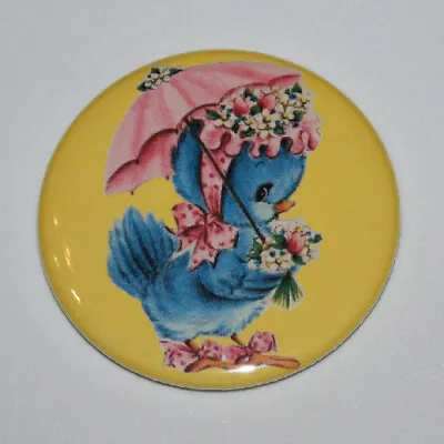 BLUE BIRD IN BONNET AND PARASOL MAGNET Or PIN BUTTON Spring Umbrella Vintage Art • $3.89