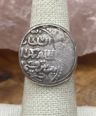 Antique Middle Eastern Sterling Silver Coin Signet Ring Size 6.25 • $55