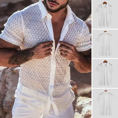 Summer Men's Lace Floral Shirt Short Sleeve Slim Fit Beach Casual Tee Shirt Tops • $16.06