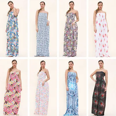 £9.99 • Buy Ladies Ruched Sheering Boobtube Strapless Bandeau Womans Floral Rose Maxi Dress