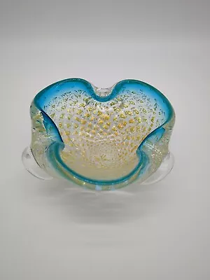  Murano Art Glass Bowl Ashtray Turquoise Gold Fleck Vintage • $39.99