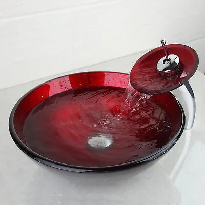 £69.98 • Buy UK Bathroom Round Red Glass Bowl & Chrome Waterfall Spout Taps Set Deck Mounted