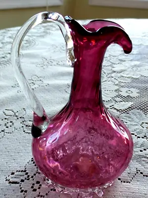 Vintage Venetian Cranberry Glass Pitcher Clear Ruffel Base With Label 6  • $49.99