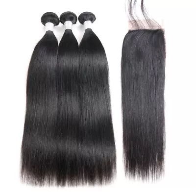 Malaysian  Virgin Hair Straight 3 Bundles 10 12 14  With 10  4 By 4 Lace Closure • $86.69