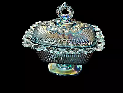 Vintage Indiana Glass Blue Windsor Carnival Iridescent Candy Dish W/Lid  MCM • $49.99