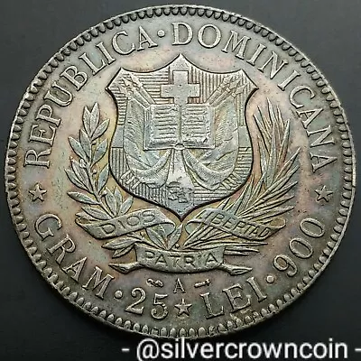 SCC Dominican Rep. 5 Francos 1891 A. KM#12. Silver 5 Francs Peso Coin. 1 Year • $473.95