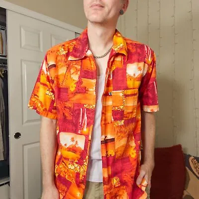 Vintage Quiksilver Men's LG Orange Tropical Print Short Sleeve Zip-Front Shirt • $38