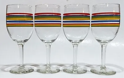 Libbey Fiesta Clear 8 Oz Wine Glasses W/Red Green Blue Yellow Stripes Set Of 4 • $29.99