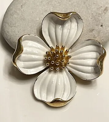Vintage Crown Trifari Gold Tone White Enamel Dogwood Floral Brooch Pin  1 1/4”. • $9.99