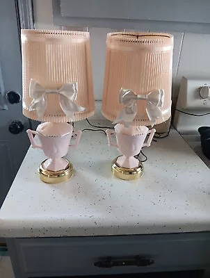 Vintage PINK Milk Glass SET 2 Table Lamps Boudoir Classic W ORG SHADES 16  • $42