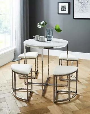 4 Seater Space Saving Dining Set Marble Effect Table & Faux Leather Seats (New) • £179.99