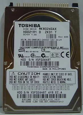 MK8026GAX HDD2191 Toshiba 80GB 2.5  9.5mm IDE 44 Pin Hard Drive Tested Good • $17.95