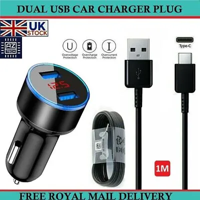 Dual USB Fast Car Charger Plug & USB Type-C Data Cable For All Mobile Phones • £5.95