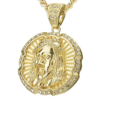 Men's Jesus Medallion Pendant With 24  Heavy Cuban Chain Necklace CPB 5036 • $14.99