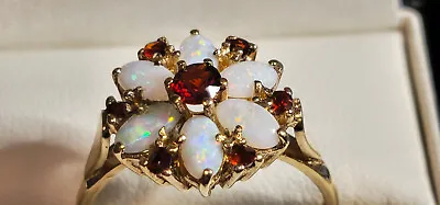 Stunning 9k 9ct Yellow Gold Opal & Garnet Flower Cluster Ring Size P - P.5 Qvc • £139