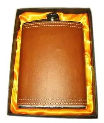 LARGE 8 OZ BROWN LEATHER WRAPPED FLASK IN GIFT BOX Bar Hip Stainless Steel NEW • $7.99