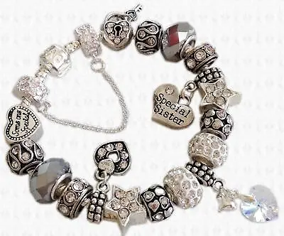 CLEAR & Silver SPARKLE Personalised Charm Bead Bracelet Safety Chains + GIFT BOX • £12.95