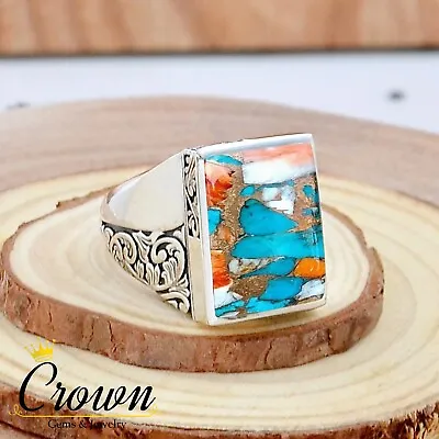 Oyster Copper Turquoise 925 Sterling Silver Men's Ring Jewelry - Size US 6-14 • $44.99
