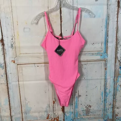Zaful Forever Young Women Sz 2/XS 1 Piece Swimsuit PINK Textured Ribbed Bathing • £14.46