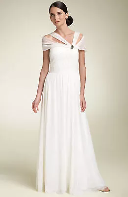 Aidan Mattox Chiffon Gown With Illusion Cover-Up Wedding Gown Sz 8 Ivory • $110.40