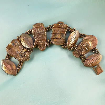 Vintage Copper Faces Chain Link Bracelet Aztec FACES Heavy Piece  • $26.99