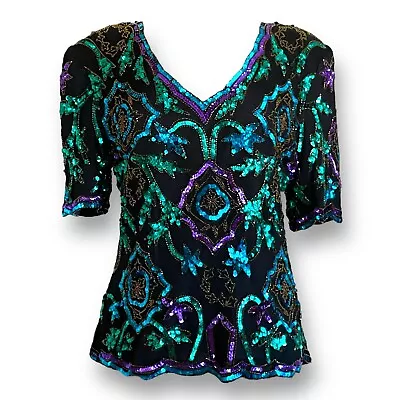 Vintage Laurence Kazar Women Trophy Top XL Black Purple Green Beaded Sequin Silk • $68