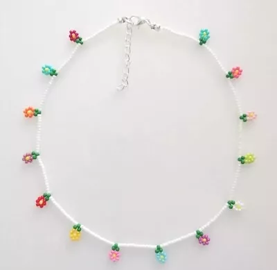 White With Colourful Daisies Beaded Boho Necklace Handmade By ~BornToFly~ • £3.90