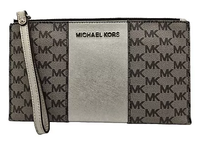 Michael Kors Wristlet Signature Monogram Center Silver Stripe Zip Clutch Wallet • $31.50