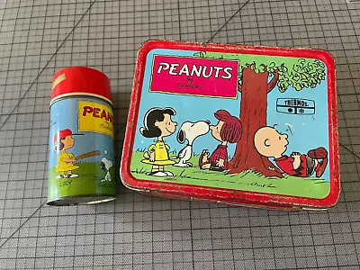 Peanuts Lunchbox W Thermos 1973 Metal Schultz Comics Snoopy Charlie Brown • $49.99