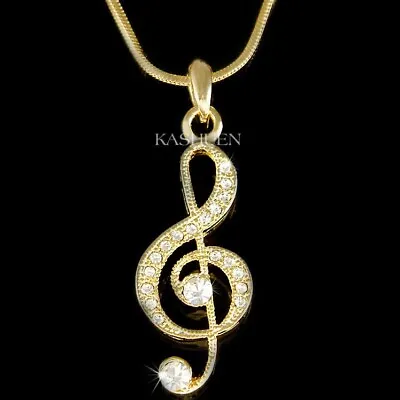 Gold TREBLE CLEF Made With Swarovski Crystal Musical Music NOTE Jewelry Necklace • $55