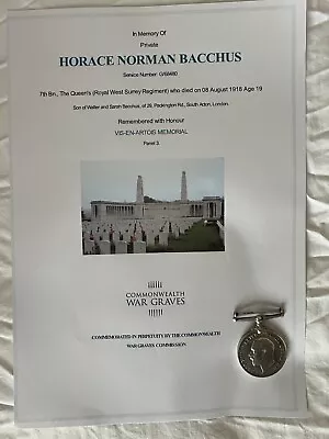 WW1 Medal Bacchus Queens Royal West Surrey Regiment KIA Casualty London Man • £65