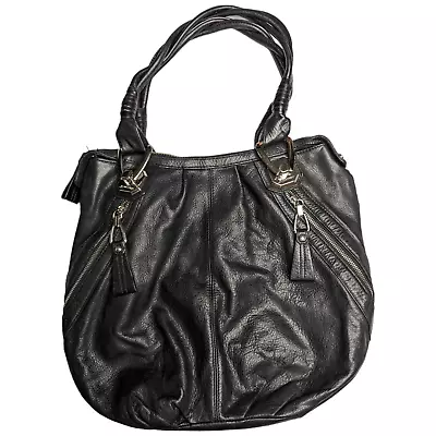 B. Makowsky Black Soft Pebbled Leather Braided Handle Top Zip Satchel Tote Bag • $41.30