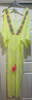 £10 • Buy River Island Long Sheer Neon Embroidered Kaftan Medium 12-14