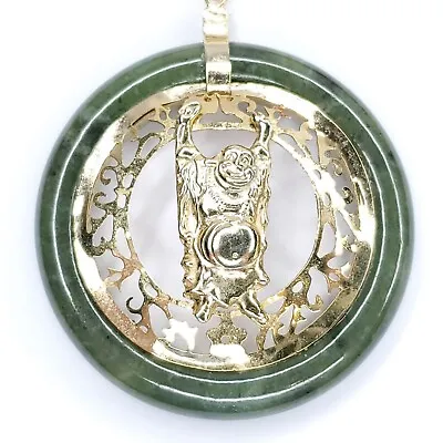 Vintage Dark Green Jade Hoop Goldtone Buddha Pendant Necklace 2  • $21.21