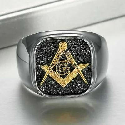 Mens Stainless Steel Gold Freemason Masonic Lodge Ring Silver Size 7-15 Gift • $10.99