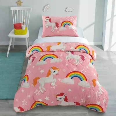 Girls Unicorn Duvet Quilt Cover Set Teddy Unicorn Kids Bedding Single Double • £11.99