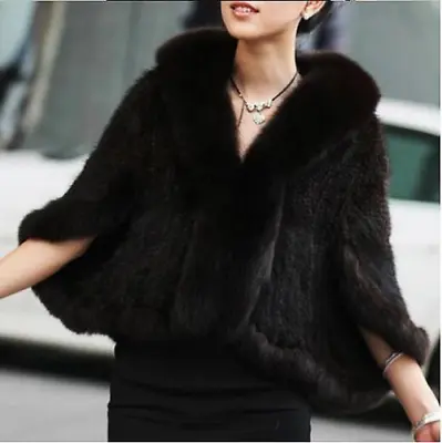 New Real Natural Knitted Mink Fur Shawl Coat With Fur Collar Women's Knit Cape • $196.73