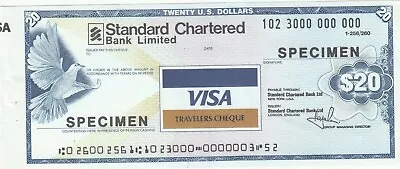 Specimen Us United States Visa Charteded Check Travelers Cheque 20 Dollars Unc • $10