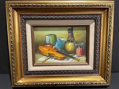 VINTAGE MID CENTURY STILL LIFE OIL PAINTING VIOLIN SIGNED FRANK LEAN 12” By 10” • $60