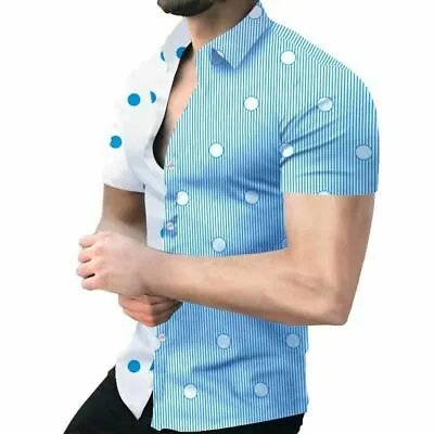 $25.86 • Buy ⭐Button Down Shirt Men Light Blue White Polka Dot Stripe Short Sleeve Casual Tee