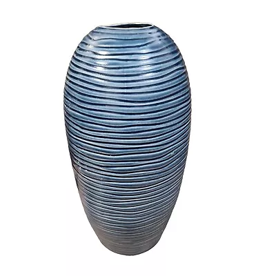 Modern Blue Ceramic Vase Decorative Horizontal Stripe 13  Tall Contemporary  • $25