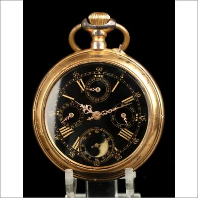 £1206.50 • Buy Antique Pocket Watch With Calendar And Moon Phases. 64 Mm. Switzerland, C. 1900