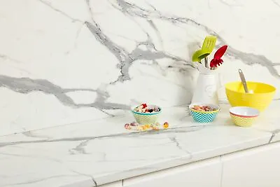 White Marble Veneto 40mm Laminate Kitchen Worktop - Cut To Size + Edging Strip • £220