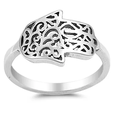 Sideways Hand Of God Filigree Hamsa Ring .925 Sterling Silver Band Sizes 5-10 • £13.79