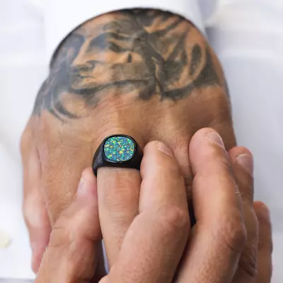 Men's Silver Green Opal Ring Sterling Silver Black Gold Mens Ring Gift For Him • $55.25