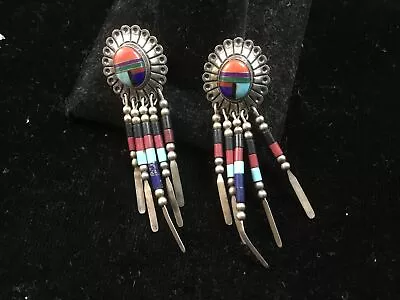 Vtg Navajo Signed QT Sterling Silver Turquoise Coral Lapis Southwestern Earrings • $24.99