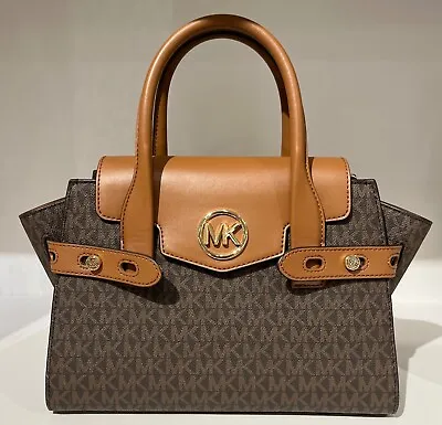 Michael Kors Carmen Medium Flap Belted Brown MK Signature Satchel Messenger Bag • $94.98