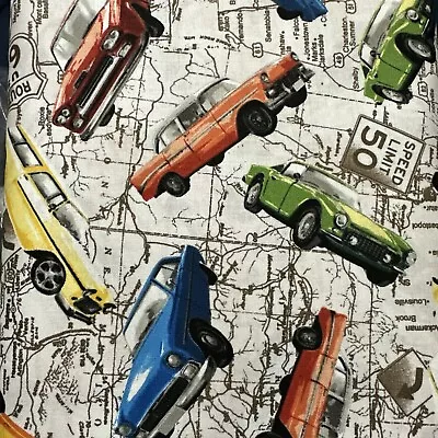 ROUTE 66 Colorful Vintage Cars On Road Map Background Fun Travel Fabric BTY • $9.95