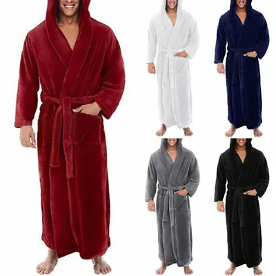 Men Winter Warm Hooded Long Dressing Gown Coat Bathrobe Towelling Bath Robe • £21.80